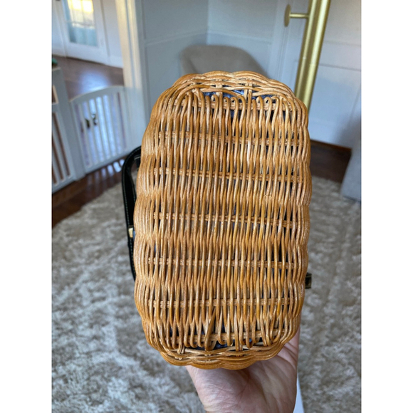 Vintage Wicker Basket Purse with Black Faux Croc Leather Trim & Gingham Lining - Picture 5 of 10